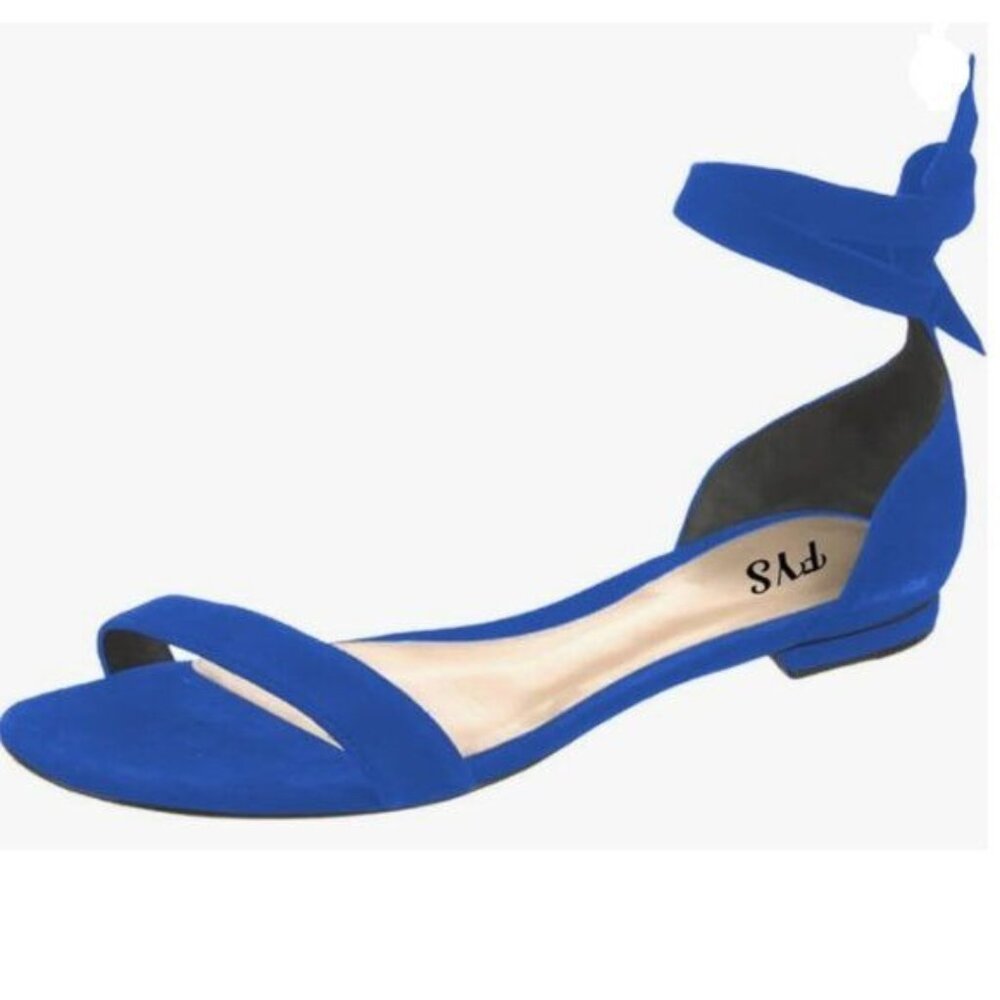 FYS Royal Blue Open Toe Lace up Ankle Strap Sandals Suede Low Heel Shoes